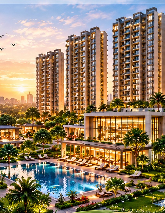 Residential towers and landscaped grounds at Novena Green