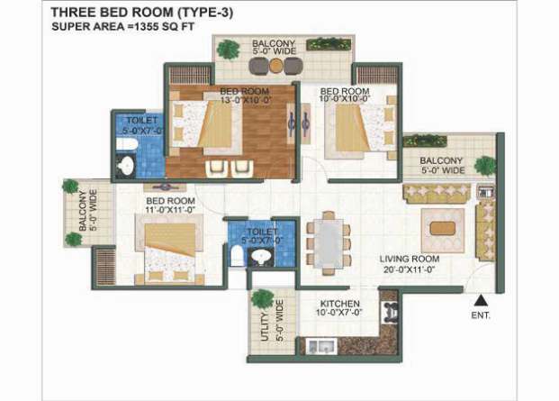 2 BHK plus study floor plan from project brochure