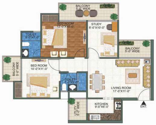 3 BHK with servant room floor plan from project brochure