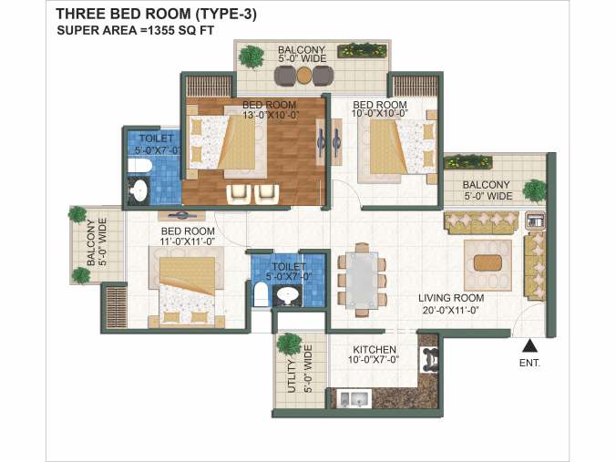 3 BHK residence floor plan from project brochure