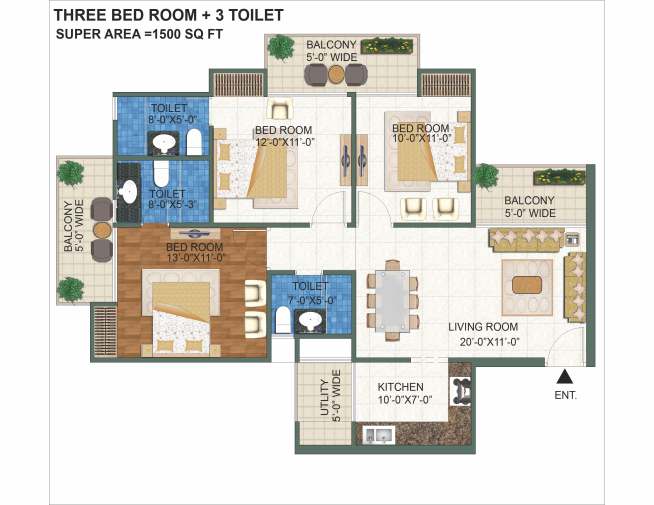 Featured 2 BHK residence floor plan, 1,115 square feet