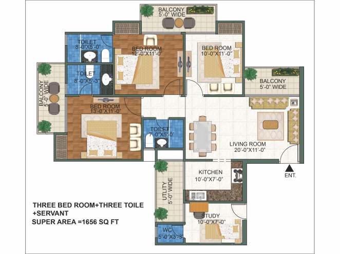 3 BHK residence floor plan from project brochure